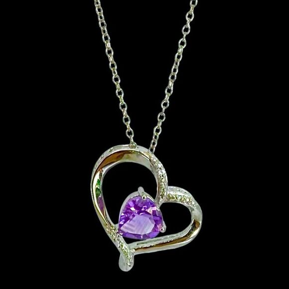 NV#2  Amethyst & CZ Heart & Sterling 925 Silver Necklace - Picture 5 of 11